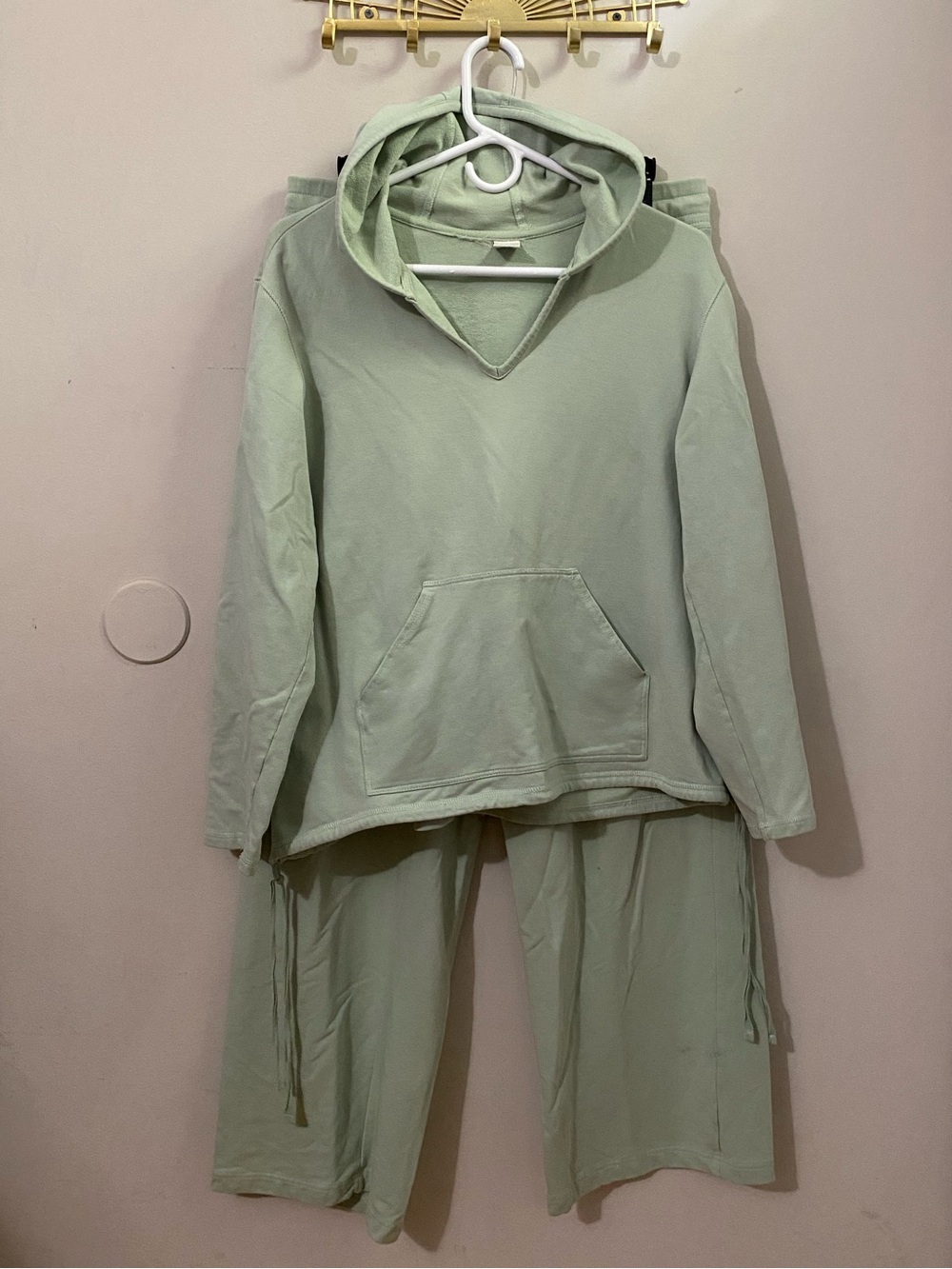 Light Sage Green Cotton Hoodie and Wide-Leg Lounge Pants Set